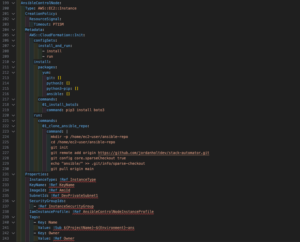CloudFormation provisions a VPC with a bastion host and Ansible control node, which then configures private EC2 instances via playbooks.