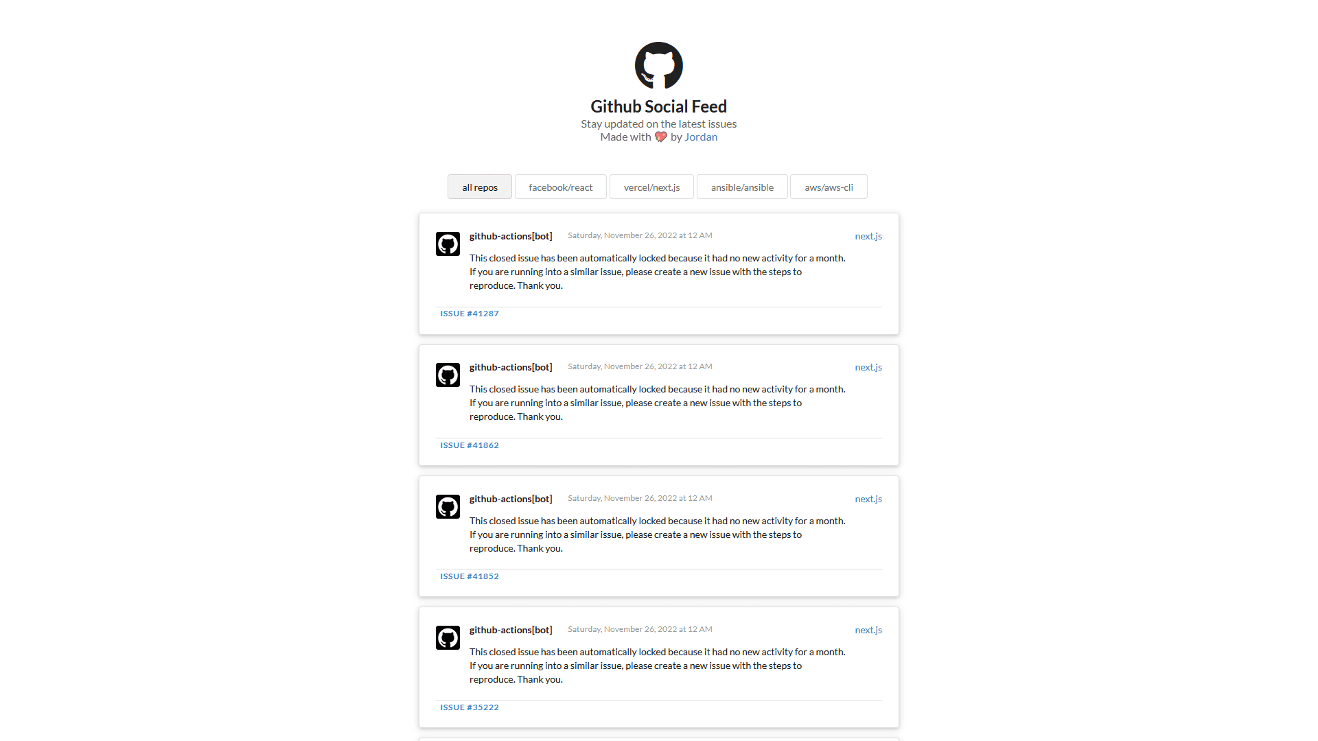 Image of the ghfeed application homepage